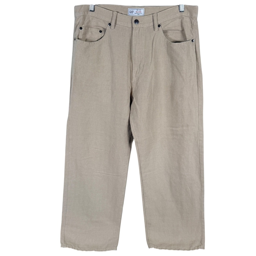Gap 90s Loose Linen Blend Pants Mens Actual 34x28 Khaki Herringbone Relaxed Fit